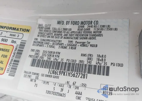 2017 Lincoln Continental Premiere z USA, uszkodzony, nr VIN 1LN6L9PK1H5627281